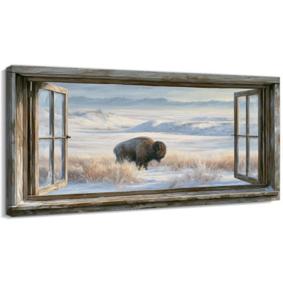 Grande toile décorative représentant un paysage d'hiver avec une fausse fenêtre – Peinture rustique imprimée avec des bisons sous la neige, idéale pour un salon, une chambre ou une entrée de style campagnard, 61 x 119 cm