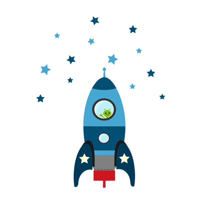 Blast Off Space Rocket Wall Sticker, 72.5cm H x 55cm W, Blue