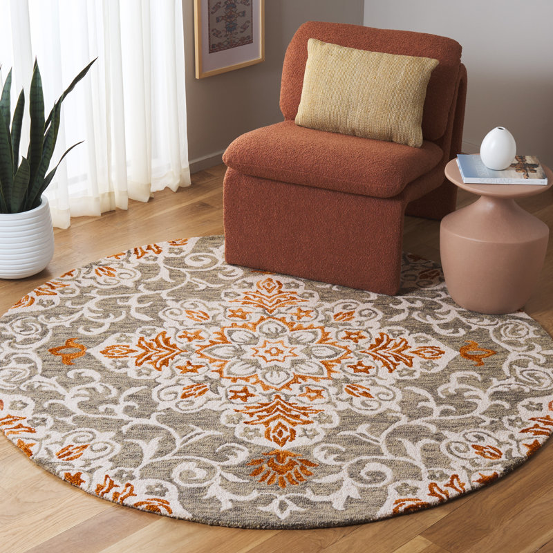Oltiana Hand Tufted Wool/Cotton Floral Rug in Rust/White/Gray, Round 6'