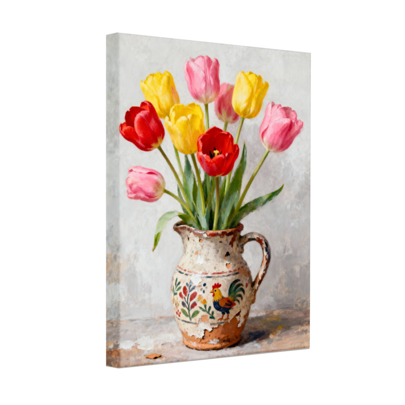 Plantes et fleurs tulipes en pot en céramique avec motif de coq