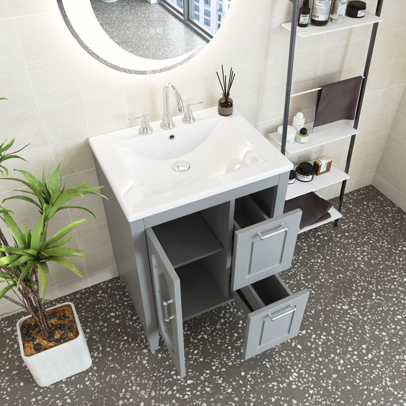 Ensemble de meuble-lavabo simple 24 po avec plateau en céramique Jermia, Gris