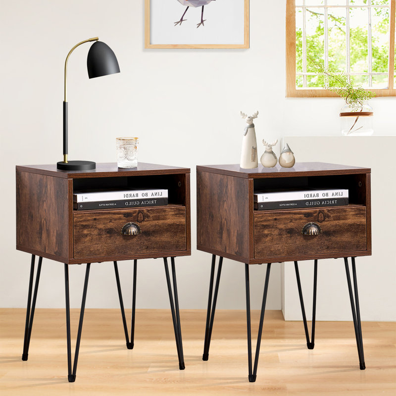 Takenori Industrial Nightstand with Drawer and Shelf, Bedside Table End Side Table for Storage in Bedroom, Living Room(Set Of 2)