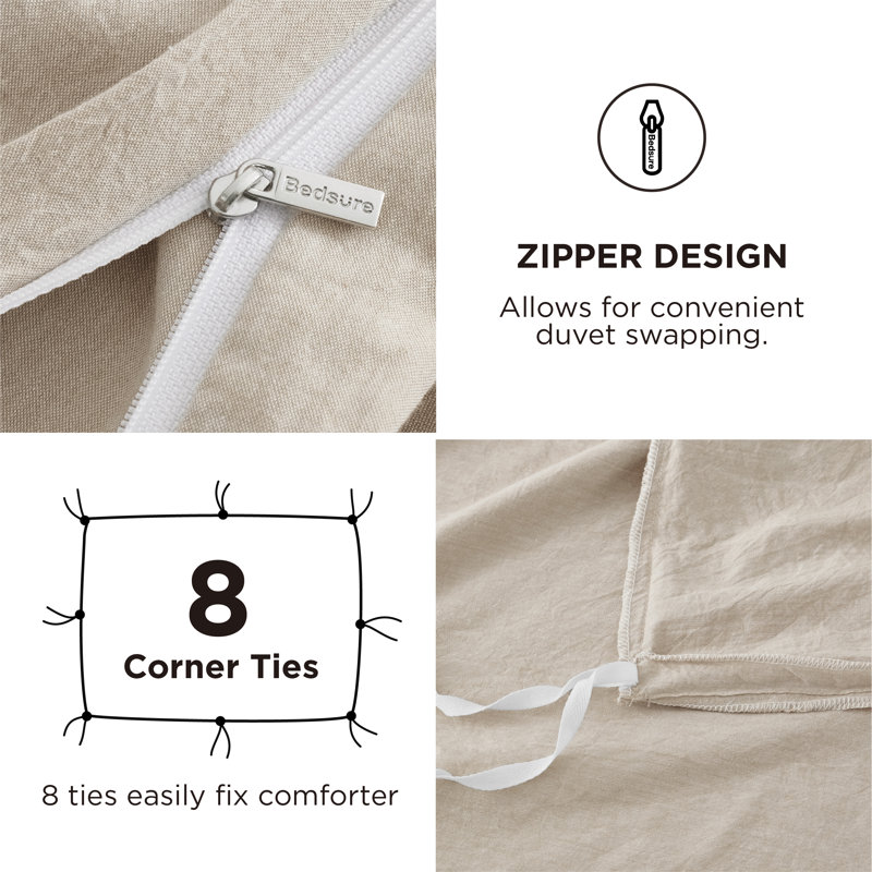 Bedsure 100% Washed Cotton Duvet Cover Set, Oversized King Duvet Cover + 2 Shams(20"*36"), Oatmeal