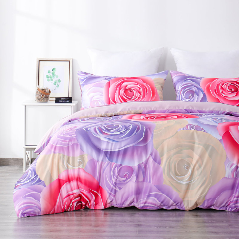Ensemble de housse de couette en microfibre 4 pièces, Housse de couette très grand + 3 pièces supplém, Floral rose