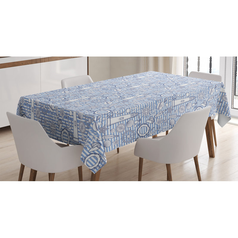 Nautical Tablecloth, Nautical Patterned Ocean Seashell Bottle Compass Lifebuoy Fish Starfish Marine, Rectangular Table Cover For Dining Room Kitchen Decor, 60" X 84", Blue White