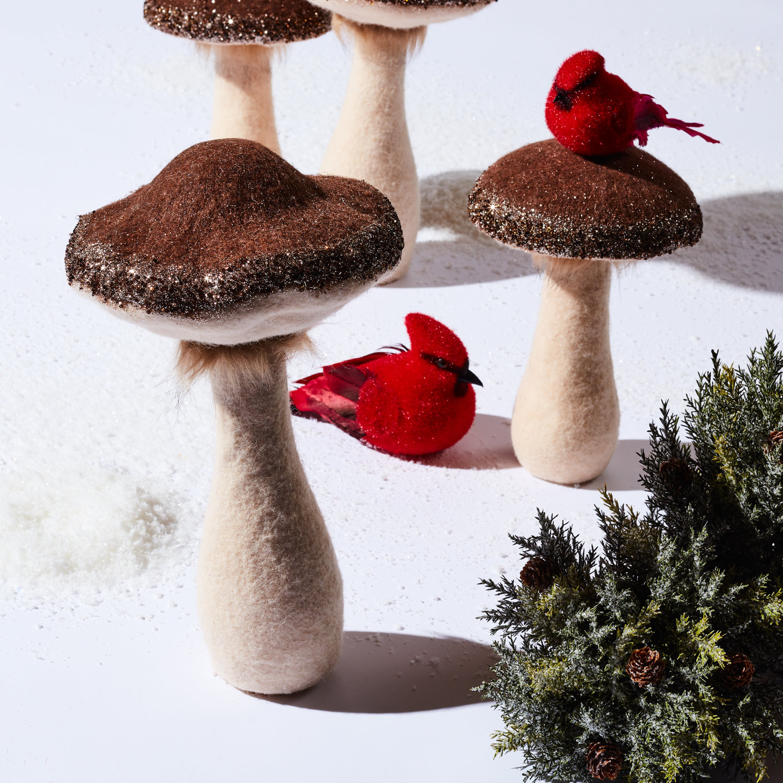 2-Piece Glittered Mushroom Figurine Set