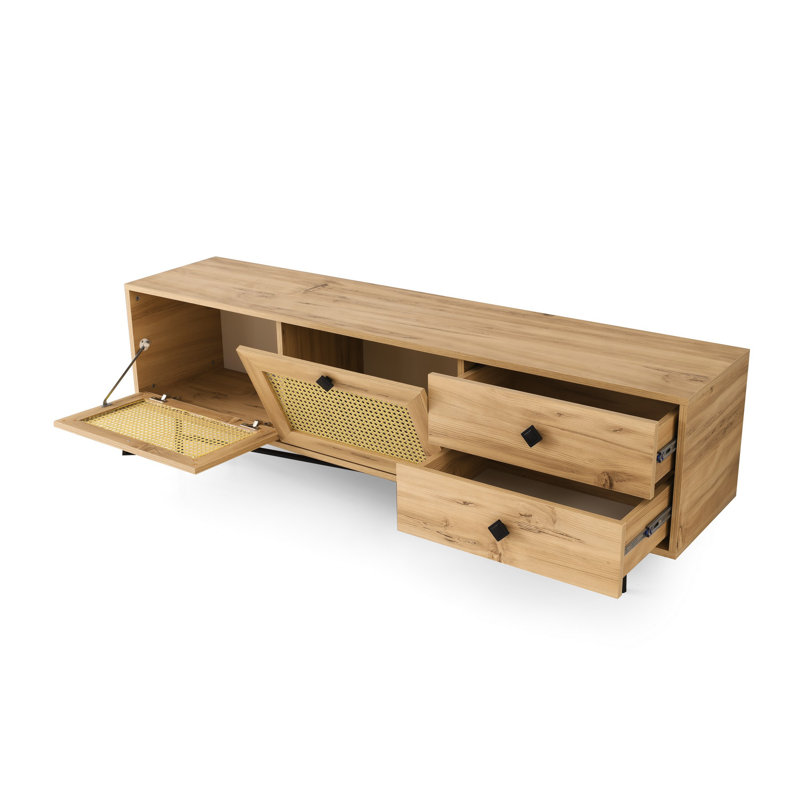 Modern TV Stand with Wall-Mount Option, Oak & Black, 70.9 x 23.6 x 15.7 inches | 100% Melamine Coated Particle Board, Thickness: 0.7 inches | 2 Drawers & Multiple Shelves for Stylish Storage, Rustic Geometric Design