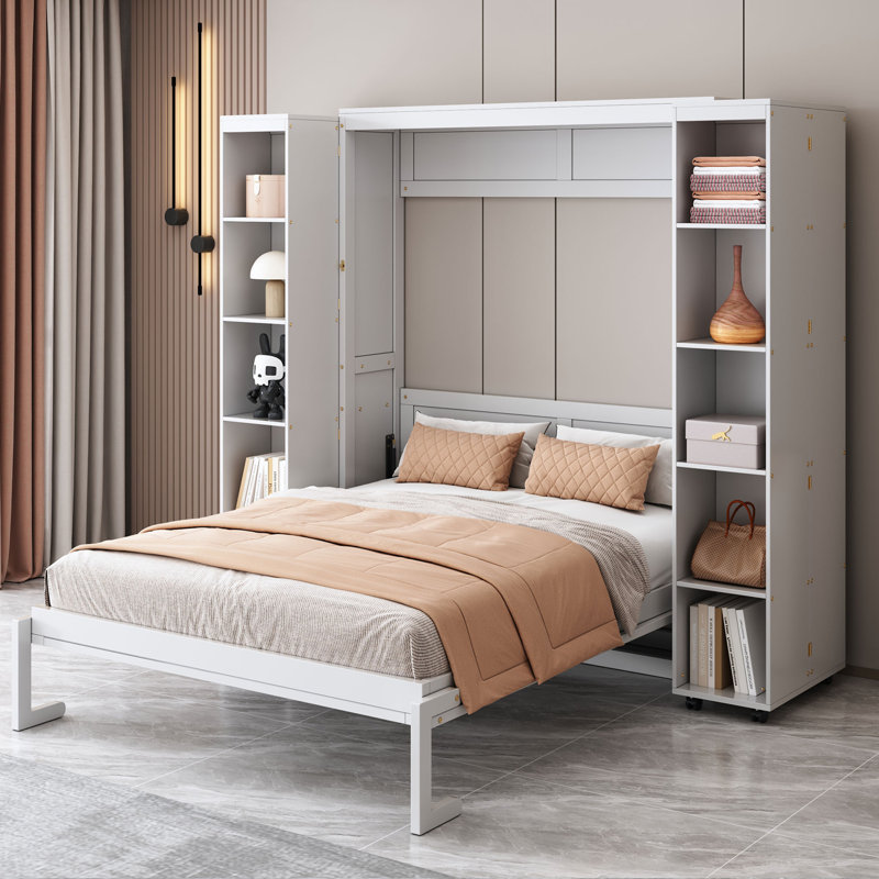 Grand lit escamotable mural avec portes de rangement, Blanc
