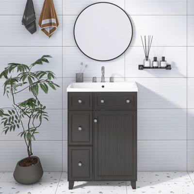 24 pouces Meuble-lavabo autoportant noir avec lavabo simple en céramique |  1 porte et 2 tiroirs |  Peinture de haute qualité | Idéal pour les petites salles de bain