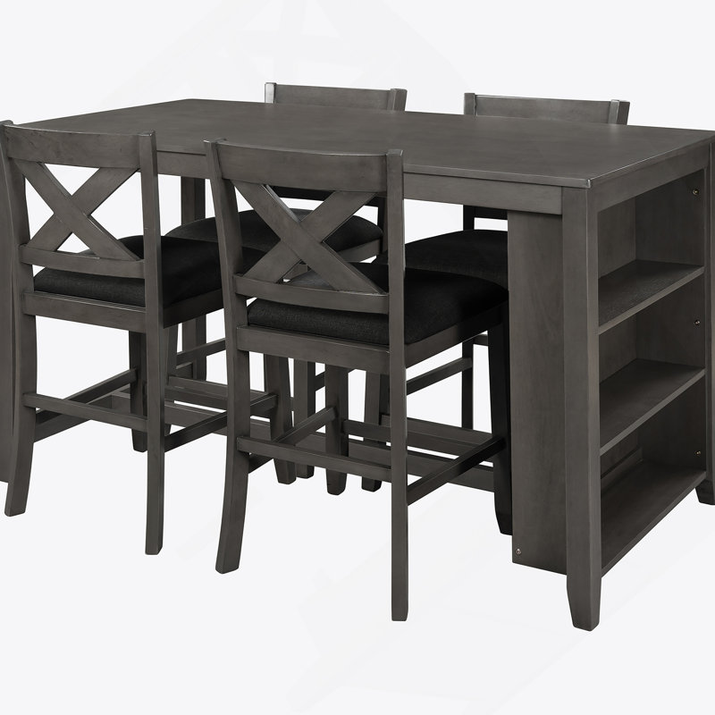 5-Piece Counter Height Rustic Farmhouse Wooden Bar Table Set With 4 Sturdy Dining Chairs And Comfortable Seating., Gray, Gray