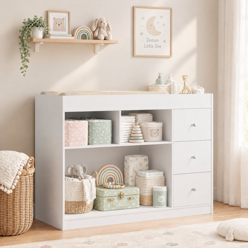 Commode à langer 47,2 "avec 3 tiroirs et 3 tablettes ouvertes, poste à langer multifonctionnel