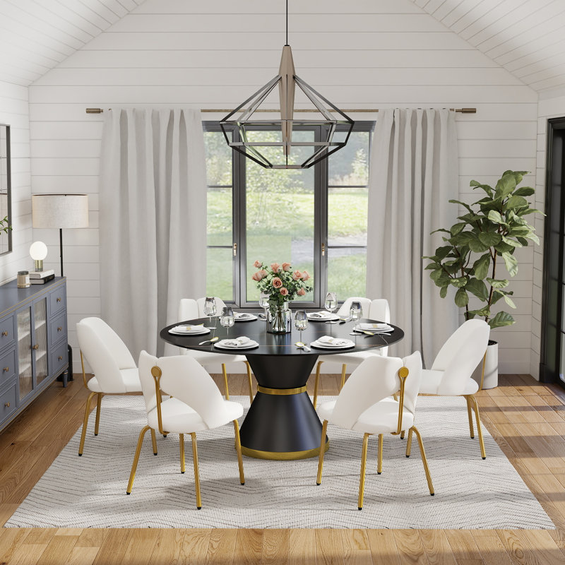 Round Stone Dining Table for Modern Living Room, Home, Black, 29.53" H x 59.05" L x 59.05" W