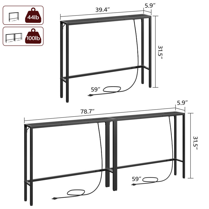 78.7" Narrow Console Table With Charging Station Skinny Behind Couch Table, Matte Black