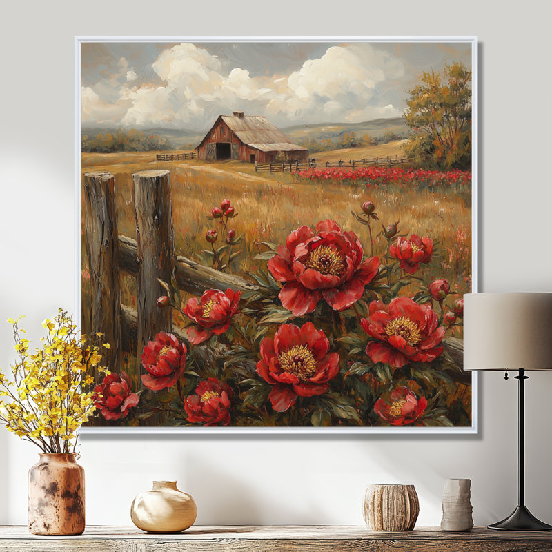 Art mural rétro pour pivoines Crewe par The Barn I - pivoines rouges, H 16 po x l 16 po, Impression encadrée flottante, Blanc