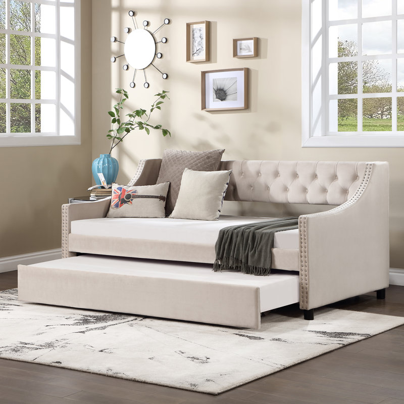 Lit de jour avec lit gigogne Miaja, Beige, Lit simple