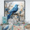 Oiseau bleu minimalisme blanc et fleurs bleues, reproduction sur toile