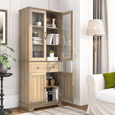 72" Tall Kitchen Pantry Cabinet with Glass Door Farmhouse Storage for Living Room, Dining Room, Office, Natural by Breakwater Bay