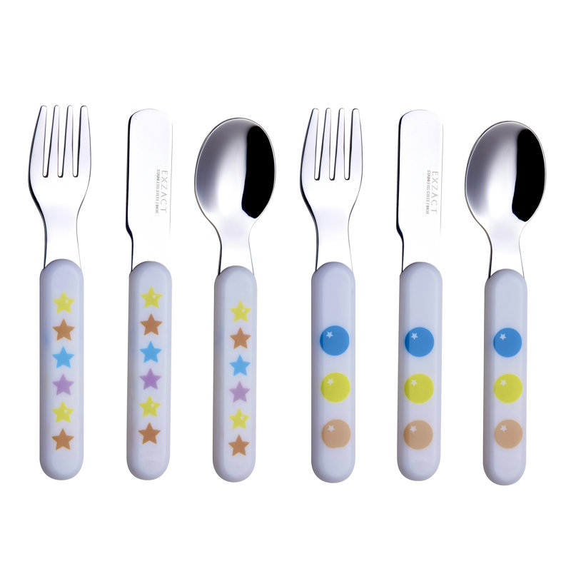 EXZACT Kids Cutlery 6Pcs Stainless Steel 18/10 Children''s Cutlery Set - Incl. 2 X Forks, 2 Safety Knives; 2 X Dinner Spoons - Plastic Handle, Toddler Utensils Flatware - Stars & Dots