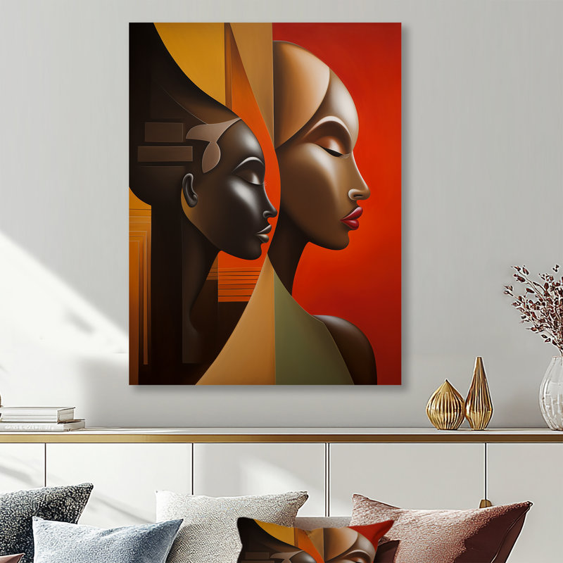 «Retro Minimal Double Ebony Profile III - Masque africain», reproduction d'art, H 32 po x l 16 po x P 1 po, Métal métal