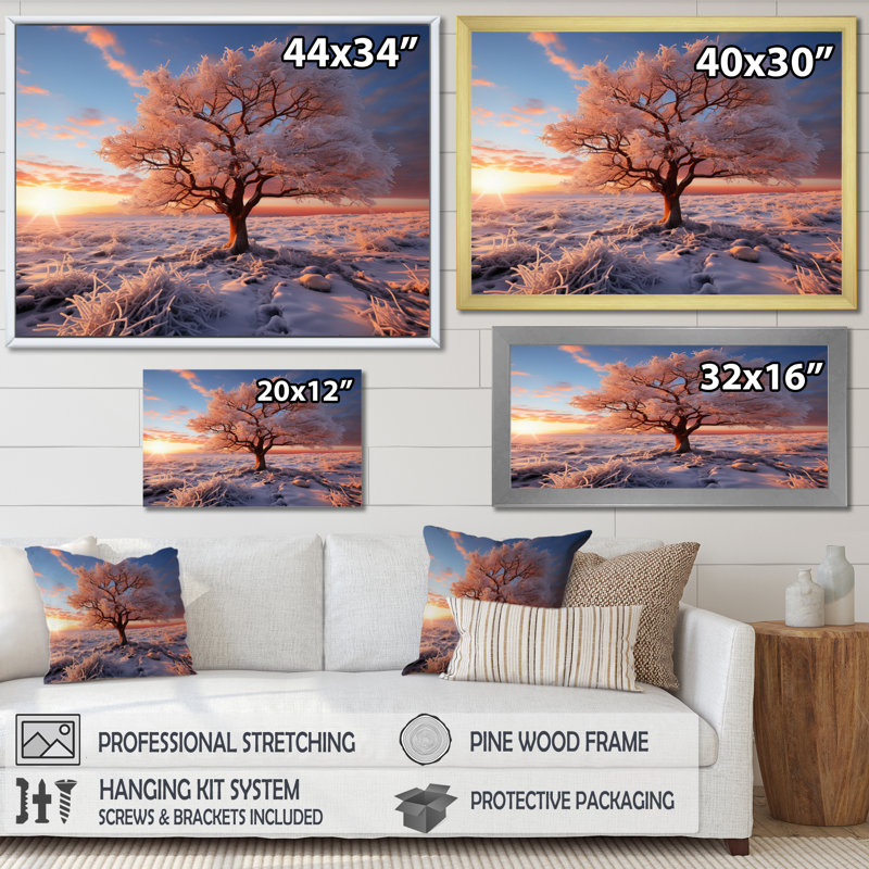 «Pink Tree Winters Sunrise Glow», impression d'art mural de paysages, H 16 po x l 32 po x P 1 po