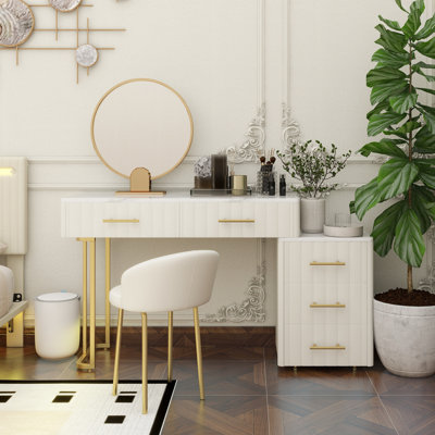 Velvet Upholstered Vanity Desk With Chair, Vanity Set With 5 Big Drawers, Makeup Table With Padded Chair, Marble-Look Sticker Top Dressing Table With Left/Right Adjustable Storage, White