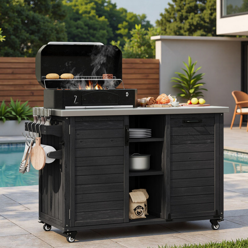 Îlot de cuisine extérieur avec table de barbecue pliable, rangement pour poubelle, plateau en acier inoxydable, grande armoire de rangement et tablettes ouvertes