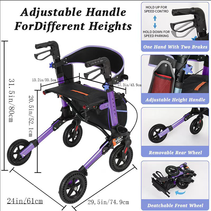 Rollator Walker for Seniors, Lightweight Foldable All Terrain Rolling Walker with seat, Aluminum Walkers with 8 inch Rubber Wheels, Handles and Backrest for Seniors and Adult 