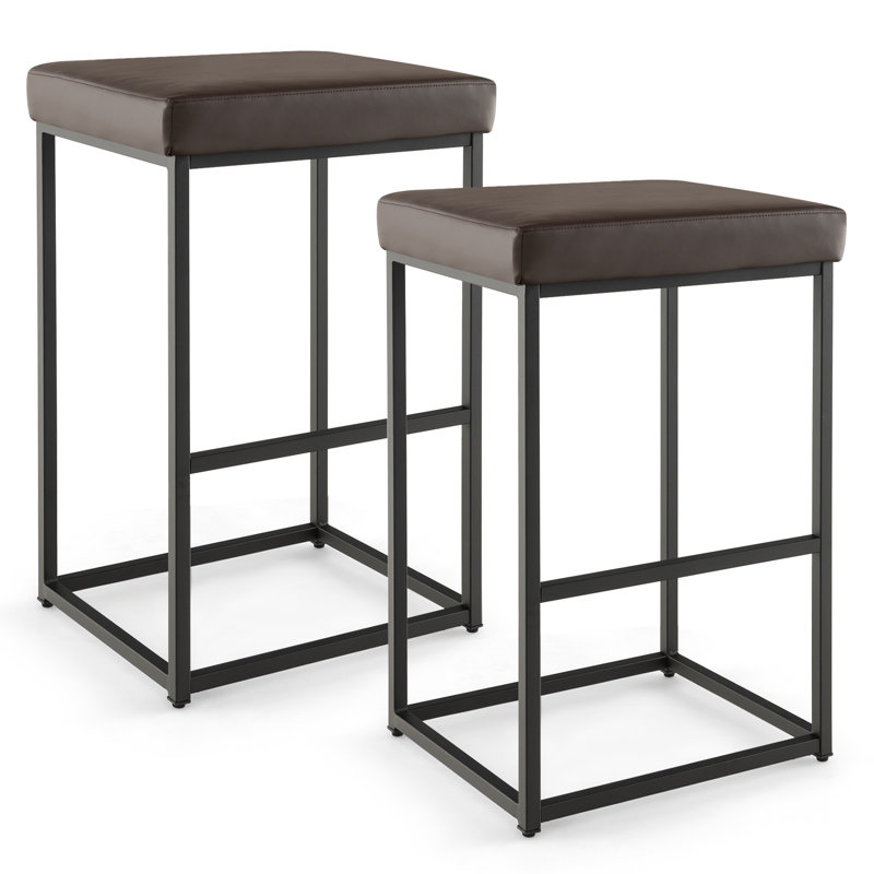 Narander Upholstered and Genuine Leather Bar Stool, Brown