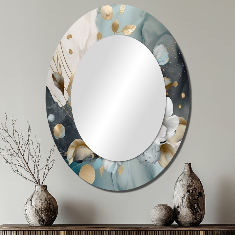 Miroir mural bleu - Impressions florales dorées bleues II, 40 po x 30 po