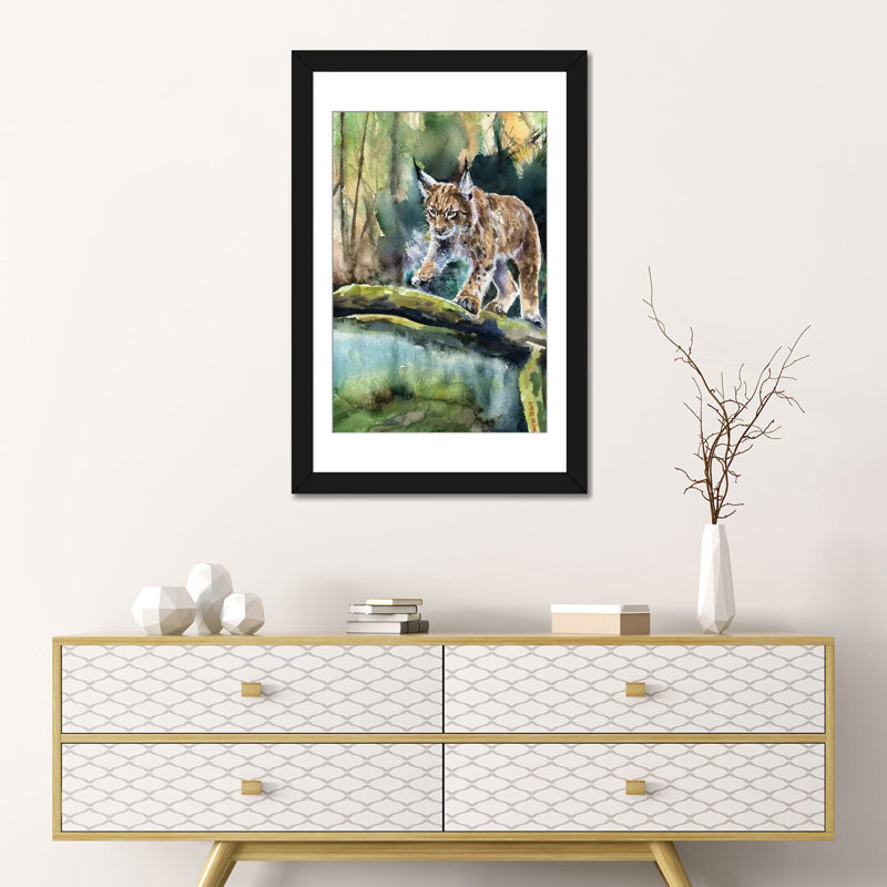 Lynx par George Dyachenko - reproduction sur toile tendue, H 24 po x l 16 po x P 1 po, Papier beaux-arts encadré noir, Blanc
