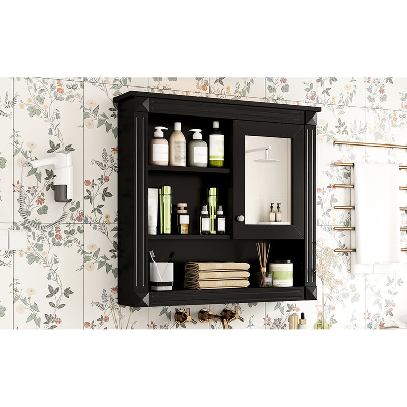 Armoire murale de salle de bain 32 "avec miroir, corbeille à pharmacie montée sur 4 tablettes, peu encombrante, étagère à fournitures réglable, fourre-tout