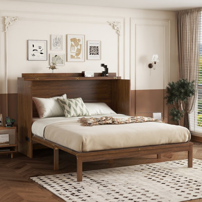 Armoire pour grand lit escamotable en noyer avec centrale électrique USB et panneau en rotin, cadre de lit escamotable en bois de pin massif