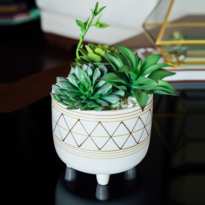 Plante molle artificielle en pot, H 9 po x l 5,75 po x p 5,75 po, Blanc / doré