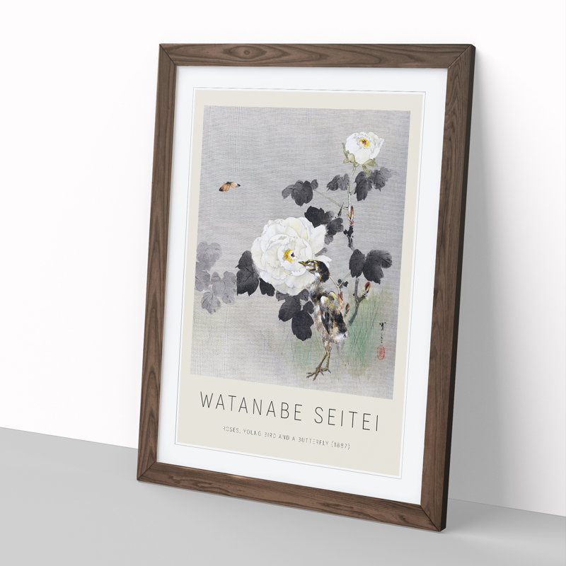 Young Bird and Butterfly Print by Watanabe Seitei - Picture Frame Painting, Walnut, 48cm H x 36cm W x 2cm D