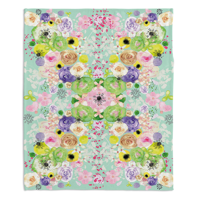 Couverture sherpa doux turquoise à fleurs romantiques, l 68 po x L 80 po