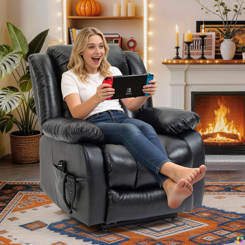 Annettia 36.22" W 180° Flat Lay Genuine Leather Match Power Recliner, Massage Heater Lifting Chair, Black