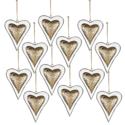 Heart Hanging Ornaments - Set of 12 - White/Gold