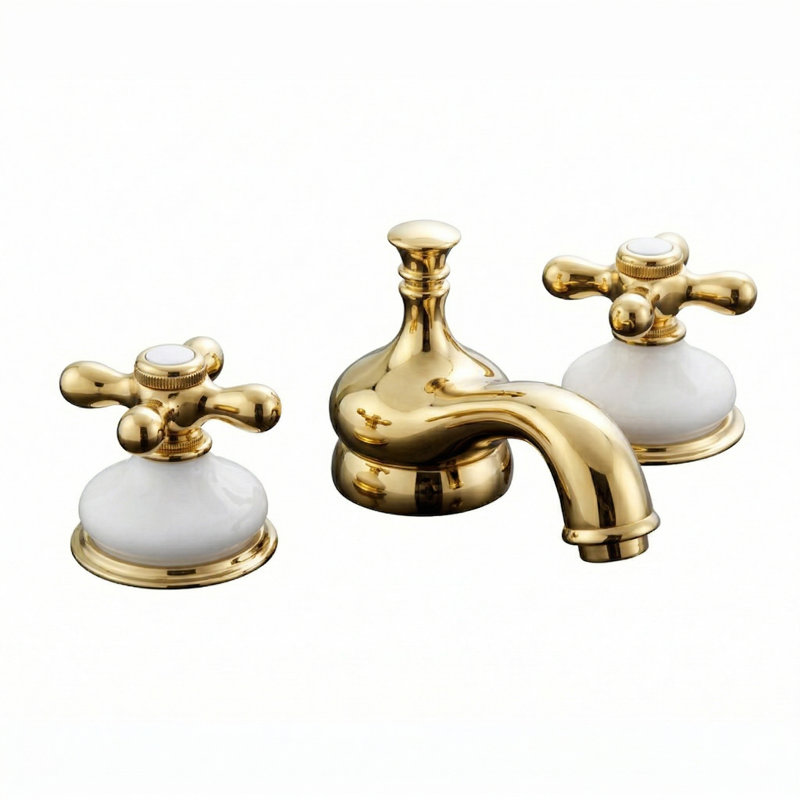 Deck Mounted 2-handle Bathroom Faucet, Unlacquered Polished Brass