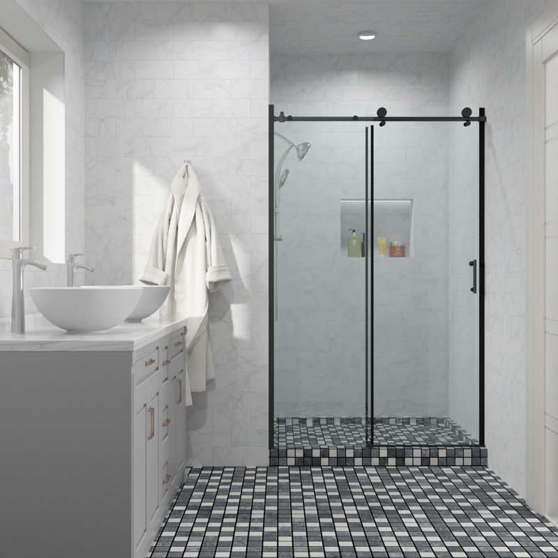 48'' - W x 76'' H Single Added Door Frameless Shower Door with, Matt Black