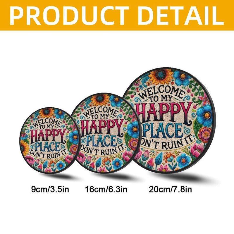 Panneaux de vitrail fleuris Happy Place, attrape-soleil pour la décoration de fenêtre, 9.8x9.8in(25x25cm)
