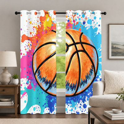 2Pcs Basketball-Themed Curtains, Artistic Sport Style Curtain, Colorful Ink Splatter Printed Graphic Grommet Drapes, Window Treatment for Bedroom Living Room Decor