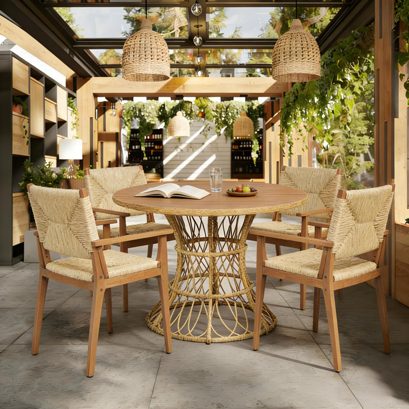Mariner Modern Coastal Outdoor Dining Set With Round Acacia Wood Table And Wicker Chairs, Teak Top/Teak Frame