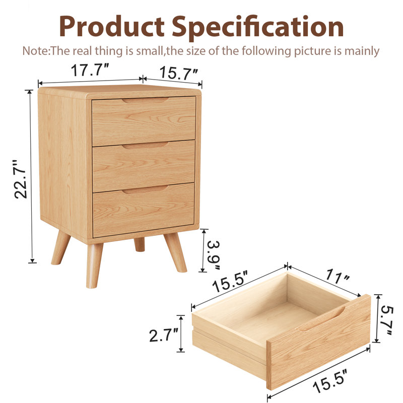 Modern Solid Wood 3-Drawer Nightstand, Bedroom Storage Unit, Tan, (3 Drawers) 25.87"H X 15.75"W X 15.75"D