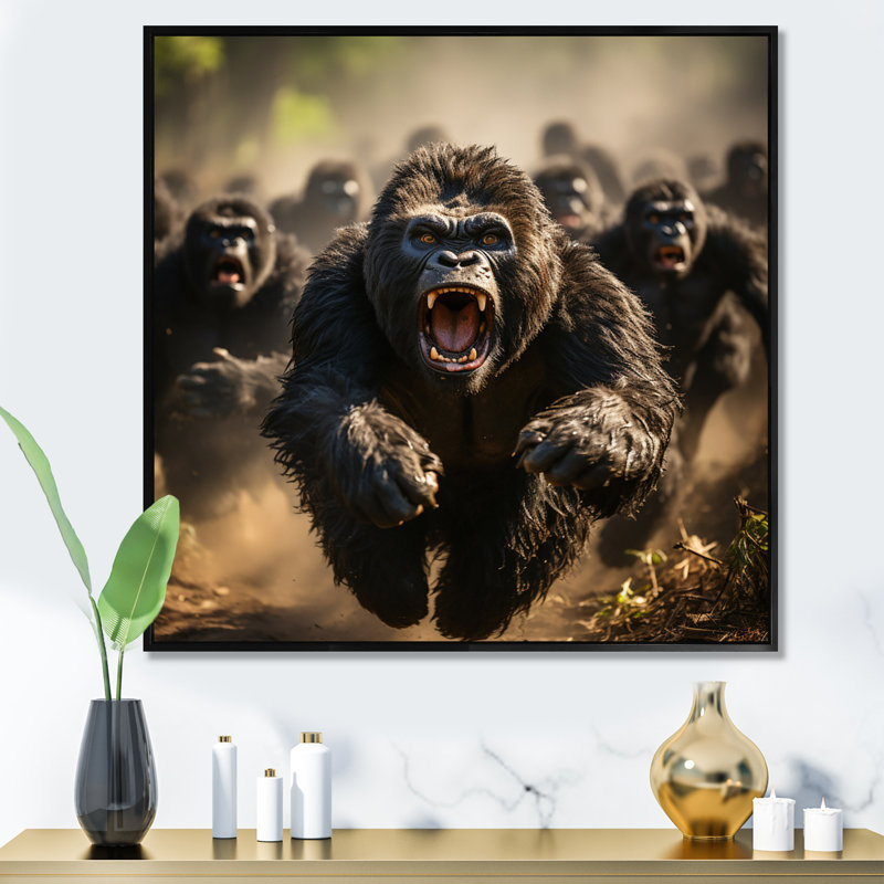 Gorilles d'Afrique qui courent - Reproduction, 24" H x 24" W, Cadre flottant noir