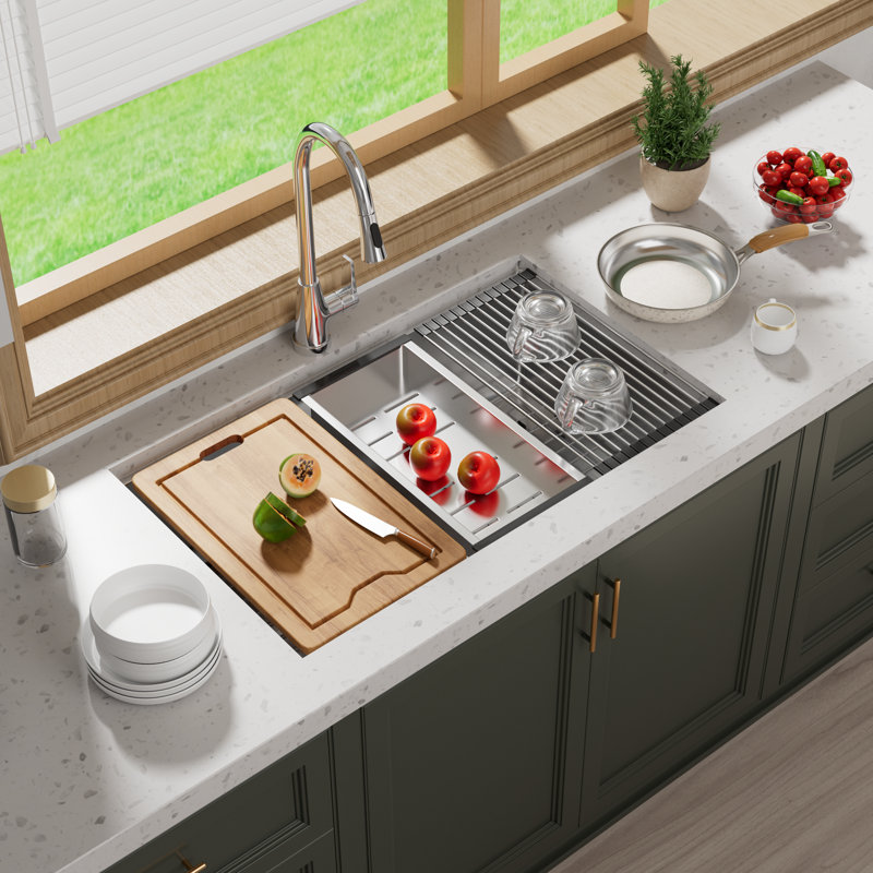 32" Undermount Workstation Kitchen Drop In Single Bowl Sink with Accessories, Stainless Steel