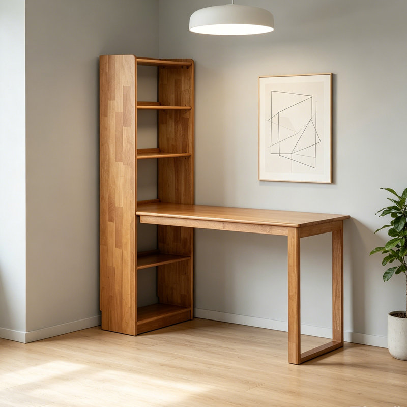 Bureau intégré avec bibliothèque en bois d'hévéa, H 65,74 po x l 51,96 po x P 23,62 po