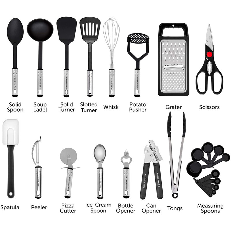Ensemble d'ustensiles de cuisine 25 ustensiles de cuisine en nylon Batterie de cuisine, Noir