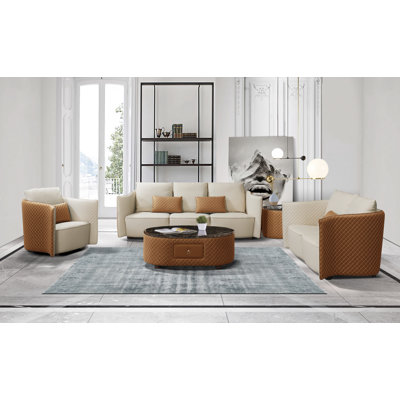 3 Pieces Makassar Sofa Set Lite Grey & Taupe Italian Leather