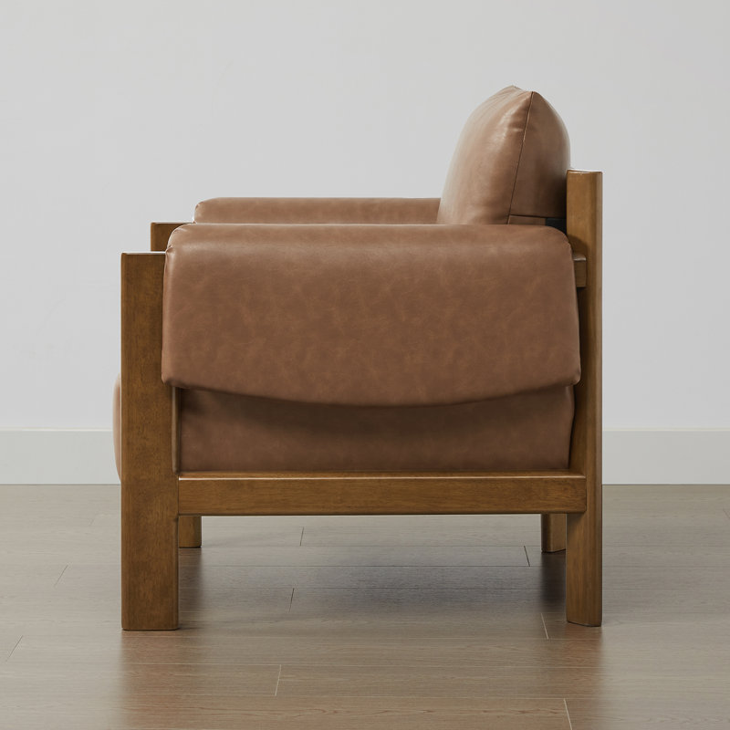 Galway Melksham 33.26'' W Mid-Century Accent Chair, Saddle Brown Pebbled Faux Leather, Walnut