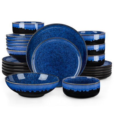 24 Pieces Dinnerware Set, Blue Set, Dinner Plate, Dessert Plate, Soup Bowl And Bowl Set For 6 Person, Stoneware Dinnerware, Round Bowl, Reactived Glazed